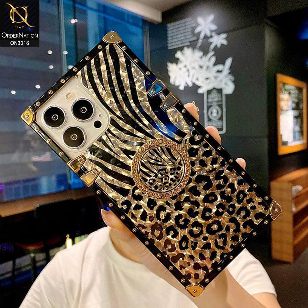 iPhone 13 Pro Max Cover - Design 1 - Trendy Stripes Pattern Golden Square Case With Matching Bling Ring Holder