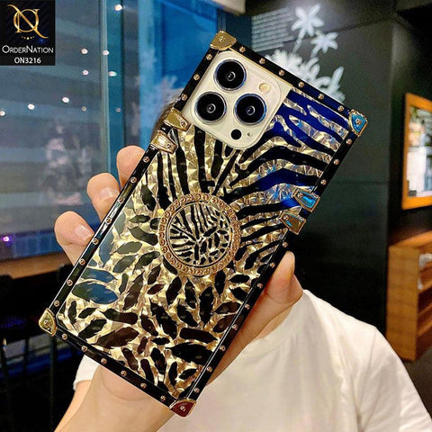 iPhone 13 Pro Max Cover - Design 2 - Trendy Stripes Pattern Golden Square Case With Matching Bling Ring Holder