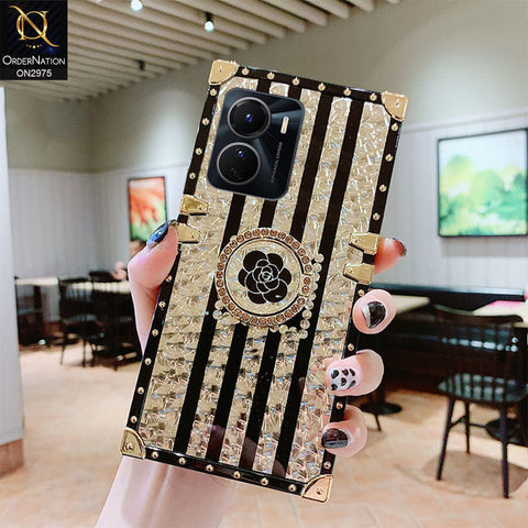 Vivo Y16 Cover - Design2 - 3D illusion Gold Flowers Soft Trunk Case With Ring Holder