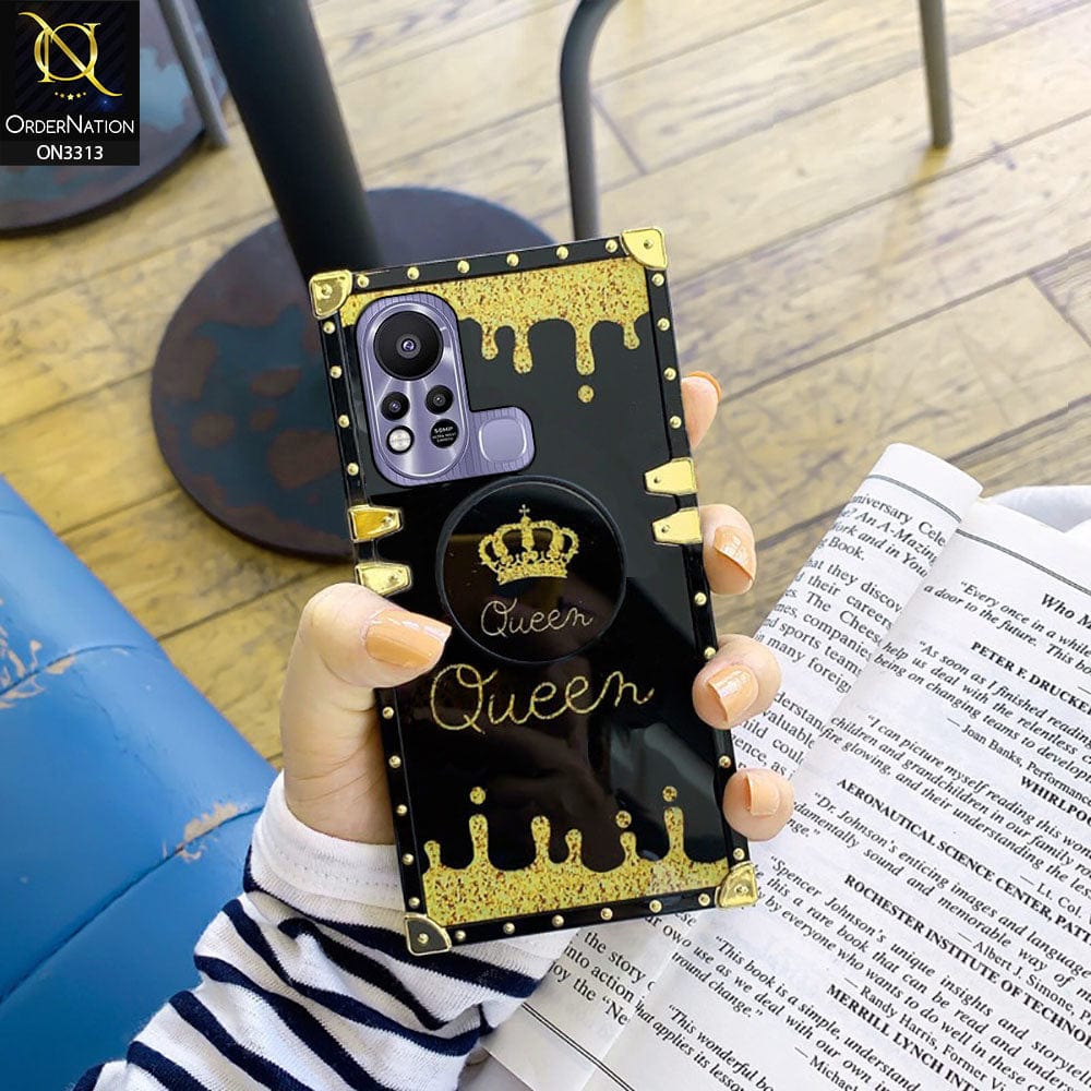 Infinix Hot 11s Cover - Black - Golden Electroplated Luxury Square Soft TPU Protective Case with Holder