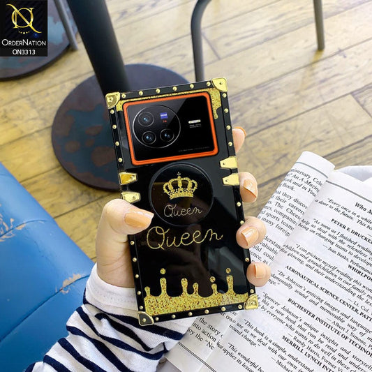 Vivo X80 Cover - Black - Golden Electroplated Luxury Square Soft TPU Protective Case with Popsocket Holder