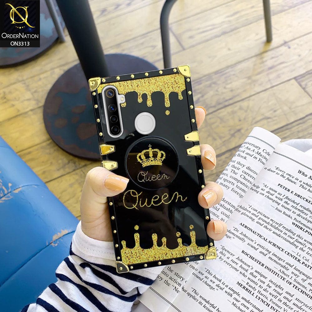 Realme 5i Cover - Black - Golden Electroplated Luxury Square Soft TPU Protective Case with Holder