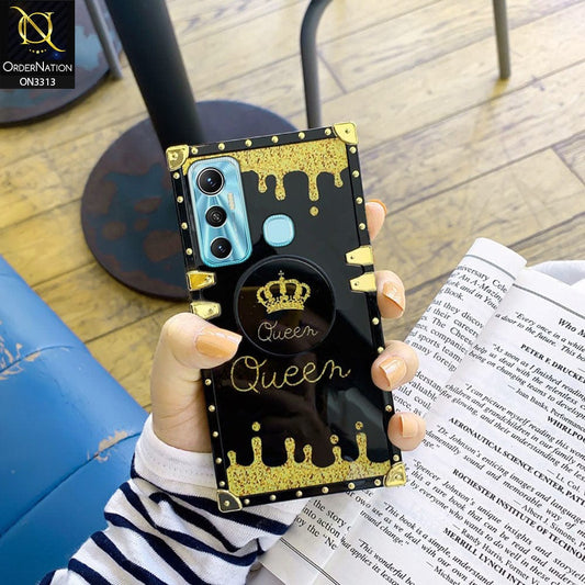 Infinix Hot 11 Cover - Black - Golden Electroplated Luxury Square Soft TPU Protective Case with Holder