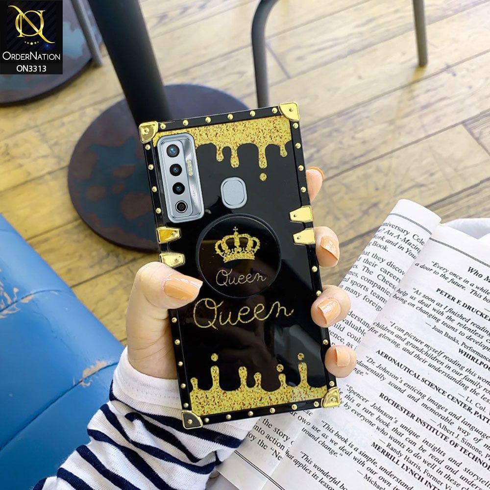 Tecno Camon 17 Cover - Black - Golden Electroplated Luxury Square Soft TPU Protective Case with Holder