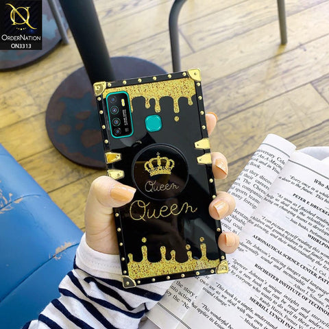 Tecno Camon 15 Cover - Black - Golden Electroplated Luxury Square Soft TPU Protective Case with Holder