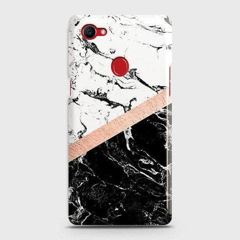 Oppo F7 Youth / Realme 1 Cover - Black & White Marble With Chic RoseGold Strip Case with Life Time Colors Guarantee