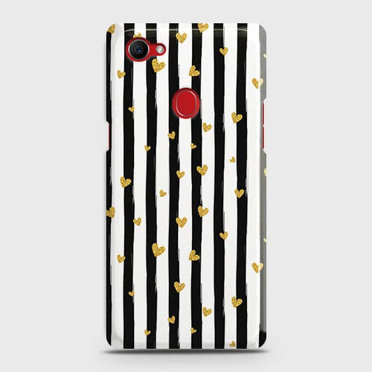 Oppo F7 Youth / Realme 1 Cover - Trendy Black & White Lining With Golden Hearts Printed Hard Case with Life Time Colors Guarantee(1b28)