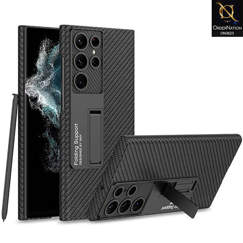 Samsung Galaxy S22 Ultra 5G Cover - Black - GKK Luxury Carbon Fiber Camera Leather Hard Pc Case With Kick Stand Holder
