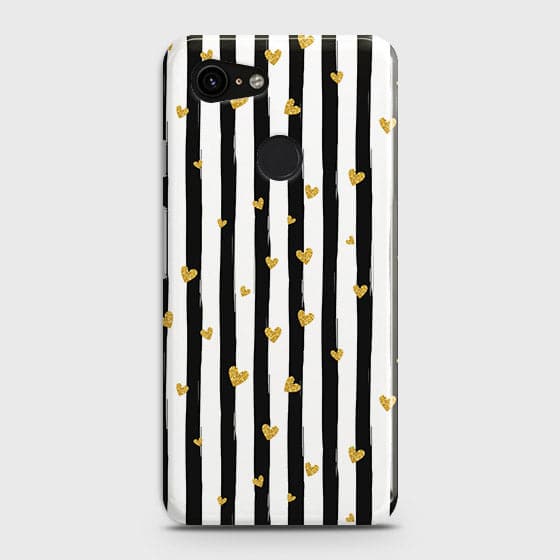 Google Pixel 3 Cover - Trendy Black & White Lining With Golden Hearts Printed Hard Case with Life Time Colors Guarantee