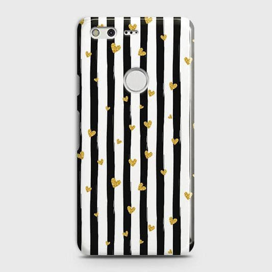 Google Pixel Cover - Trendy Black & White Lining With Golden Hearts Printed Hard Case with Life Time Colors Guarantee