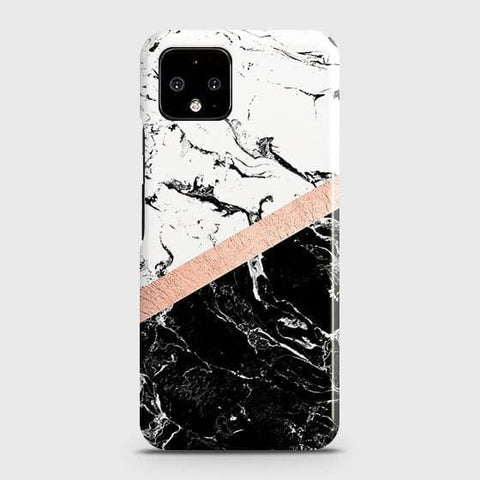 Google Pixel 4 Cover - Black & White Marble With Chic RoseGold Strip Case with Life Time Colors Guarante