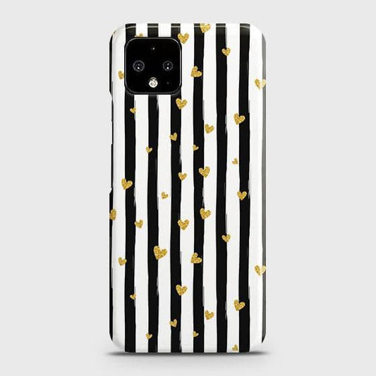 Google Pixel 4 Cover - Trendy Black & White Lining  With Golden Hearts Printed Hard Case with Life Time Colors Guarantee