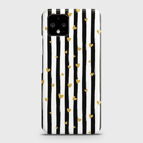 Google Pixel 4 XL Cover - Trendy Black & White Lining With Golden Hearts Printed Hard Case with Life Time Colors Guarantee (Fast Delivery)