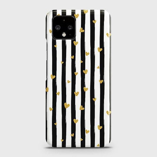 Google Pixel 4 XL Cover - Trendy Black & White Lining With Golden Hearts Printed Hard Case with Life Time Colors Guarantee (Fast Delivery)