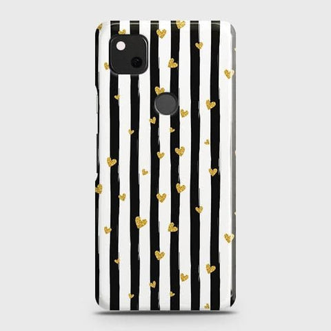 Google Pixel 4a 4G Cover - Trendy Black & White Lining With Golden Hearts Printed Hard Case with Life Time Colors Guarantee