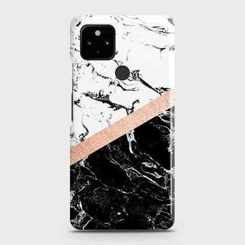 Google Pixel 5 Cover - Black & White Marble With Chic RoseGold Strip Case with Life Time Colors Guarantee