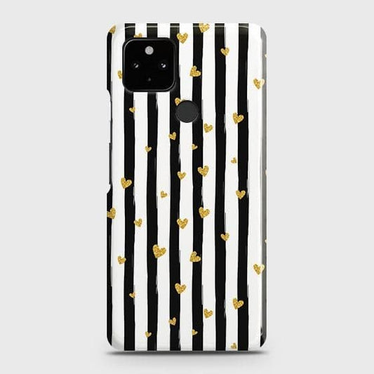 Google Pixel 5 Cover - Trendy Black & White Lining With Golden Hearts Printed Hard Case with Life Time Colors Guarantee