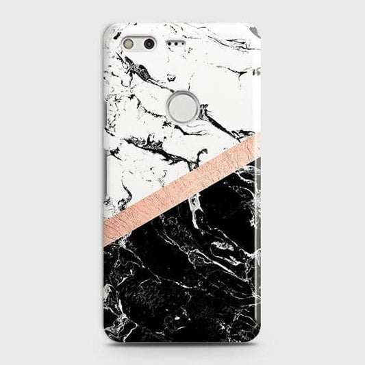 Google Pixel XL Cover - Black & White Marble With Chic RoseGold Strip Case with Life Time Colors Guarantee