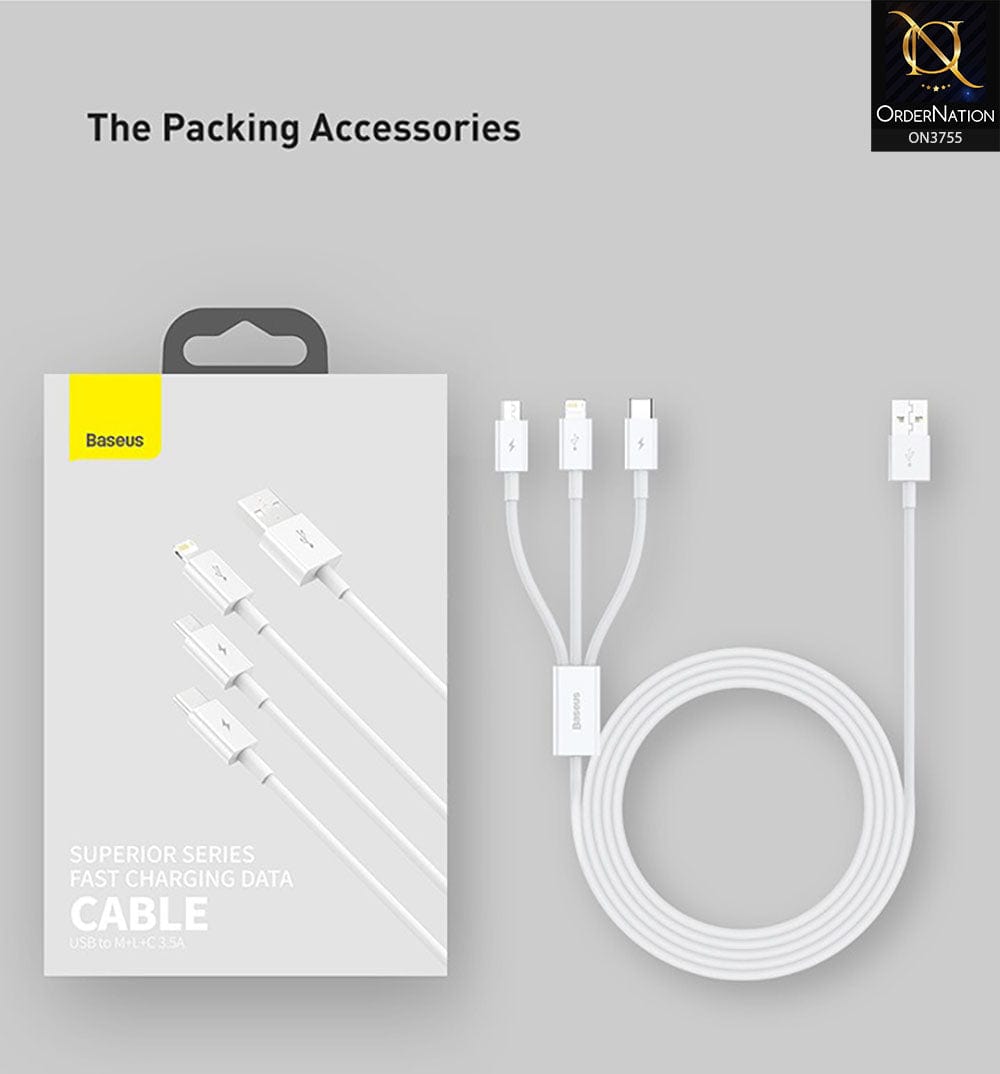 Baseus Superior Series Fast Charging Data Cable USB to M+L+C 3.5A 1.5m - White