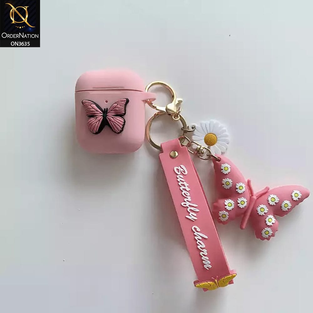 Apple Airpods 1 / 2 Cover - Pink - 3D Butterfly Cute Flower Soft Silicone Airpod Case With Hand Holder