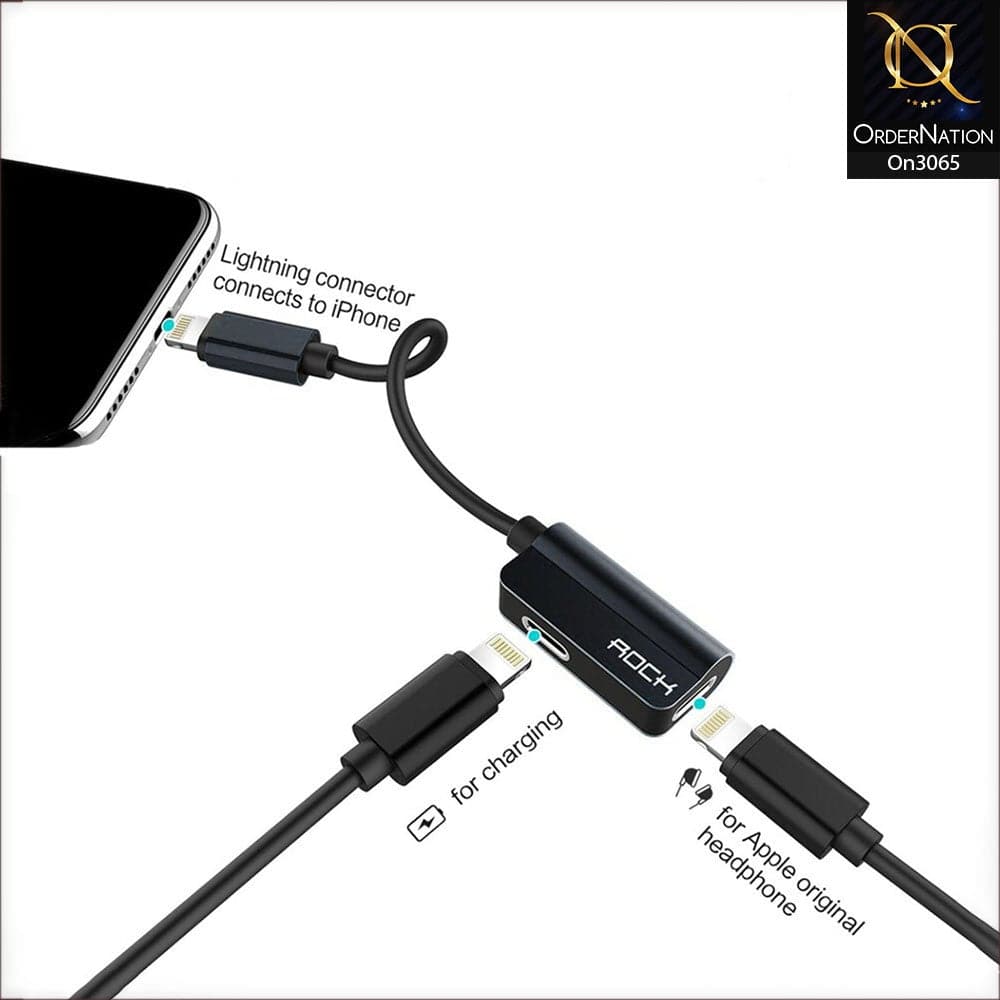 Black - Rock Lightning Metal Charge & Audio 2 in 1 Adapter For iPhones
