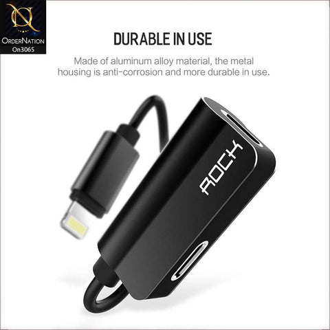 Black - Rock Lightning Metal Charge & Audio 2 in 1 Adapter For iPhones