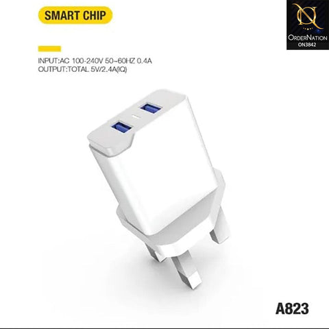 ASPOR A823 DUAL USB 2.4 A IQ Home Charger LED Blue Light 2 USB - White