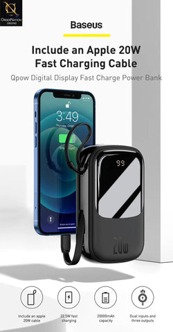 Baseus Qpow Digital Display quick charging power bank 20000mAh 20W (With IP Cable) Black - Black