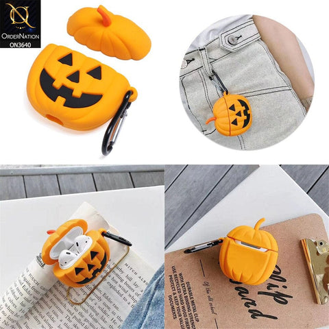 Apple Airpods 1 / 2 Cover - Orange - New Trending 3D Pumpkin Latern Soft Silicone Airpods Case