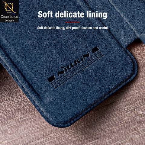 iPhone 13 Pro Max Cover - Blue - Nillkin Qin Pro Series Leather Flip Book with Camera Slide Protection Case