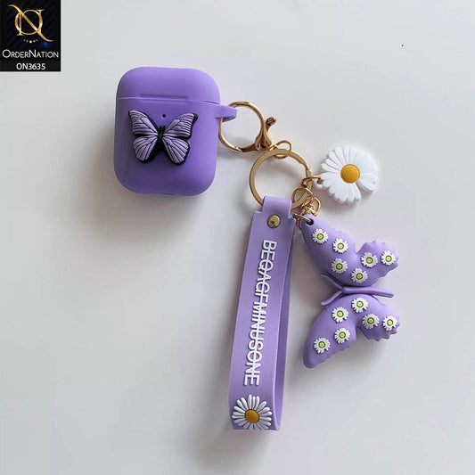 Apple Airpods 1 / 2 Cover - Purple - 3D Butterfly Cute Flower Soft Silicone Airpod Case With Hand Holder