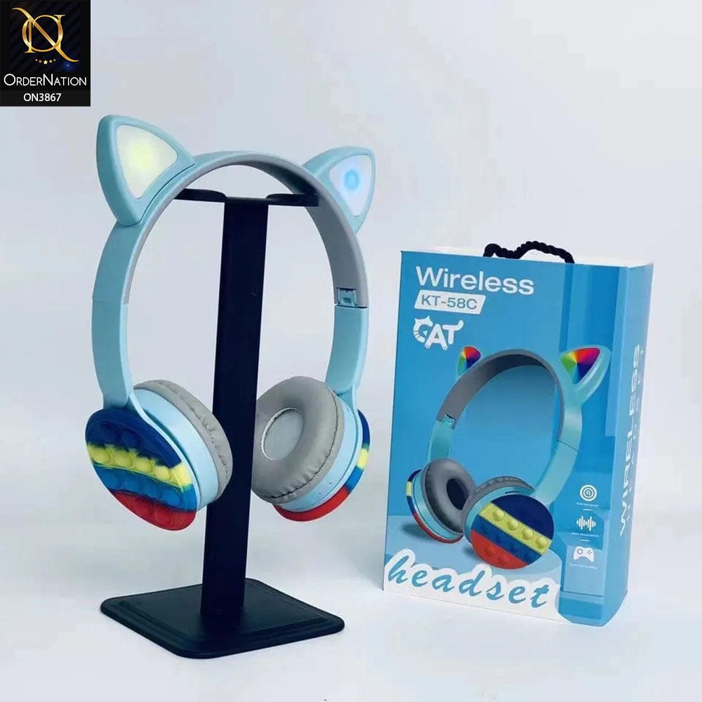 KT-58A Cosplay Party Toy Gift Wireless Earbuds Push It Bubble Cute Cat Ear Wireless Earphone LED Cat Ear Kids Bear Headphones - Blue