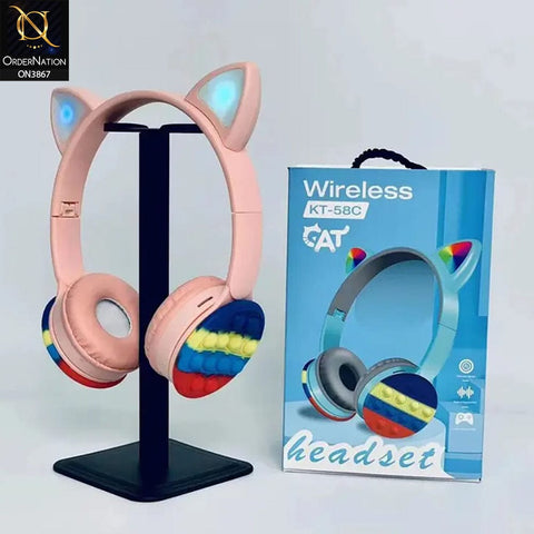 KT-58C Cosplay Party Toy Gift Wireless Earbuds Push It Bubble Cute Cat Ear Wireless Earphone LED Cat Ear Kids Bear Headphones - Pink