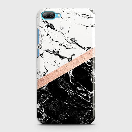 Huawei Honor 10 Cover - Black & White Marble With Chic RoseGold Strip Case with Life Time Colors Guarantee