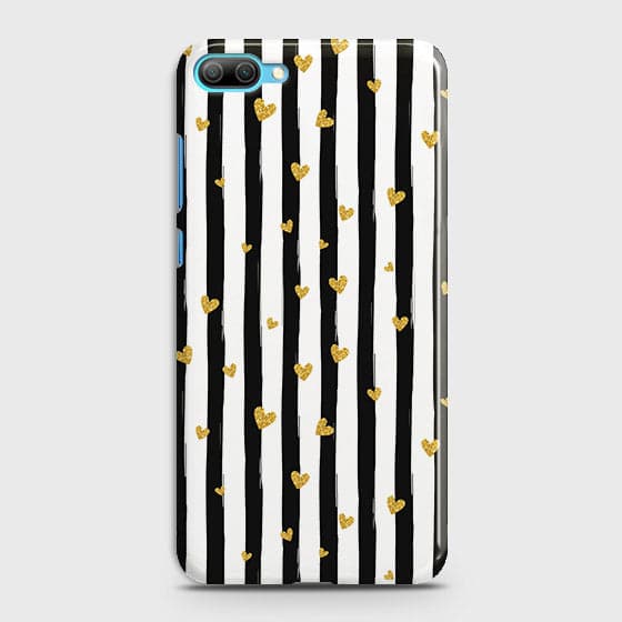 Huawei Honor 10 Cover - Trendy Black & White Lining With Golden Hearts Printed Hard Case with Life Time Colors Guarantee