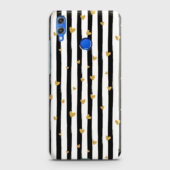 Huawei Honor 8C Cover - Trendy Black & White Lining With Golden Hearts Printed Hard Case with Life Time Colors Guarantee