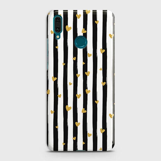Huawei Honor Play Cover - Trendy Black & White Lining With Golden Hearts Printed Hard Case with Life Time Colors Guarantee