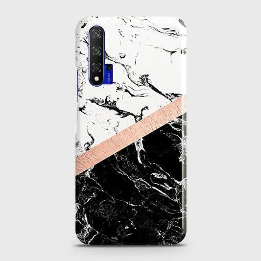 Honor 20 Cover - Black & White Marble With Chic RoseGold Strip Case with Life Time Colors Guarantee