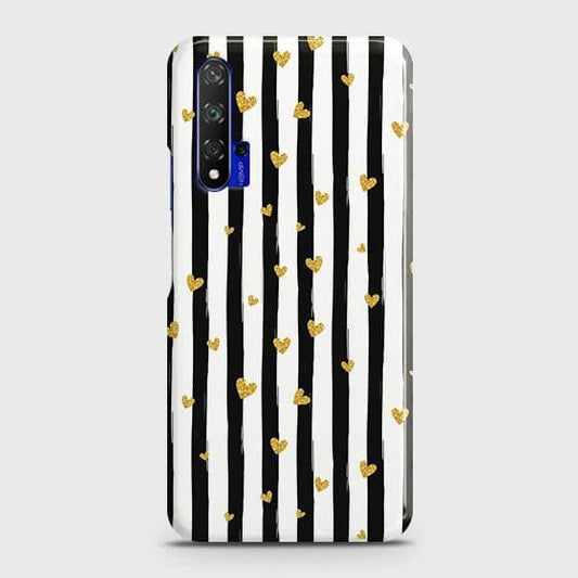 Honor 20 Cover - Trendy Black & White Lining With Golden Hearts Printed Hard Case with Life Time Colors Guarantee