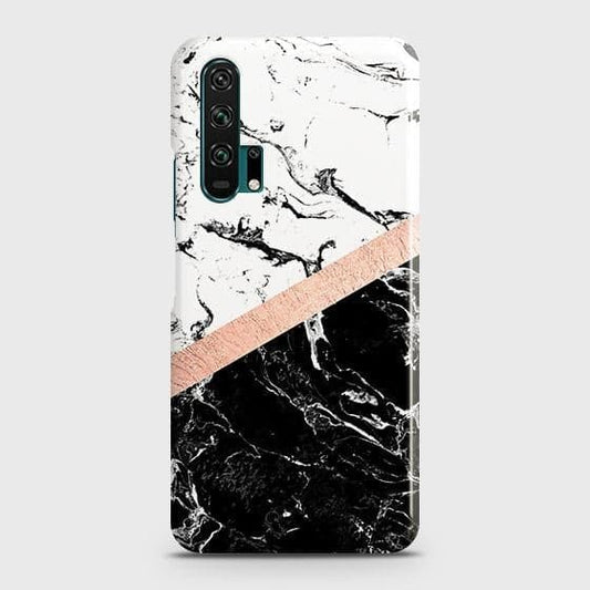 Honor 20 Pro Cover - Black & White Marble With Chic RoseGold Strip Case with Life Time Colors Guarantee
