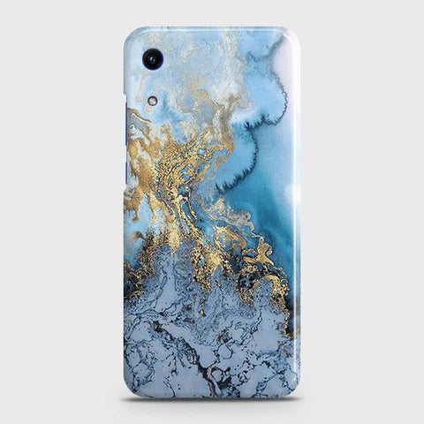 Honor 8A Without Sensor Cut Cover - Trendy Golden & Blue Ocean Marble Printed Hard Case with Life Time Colors Guarantee