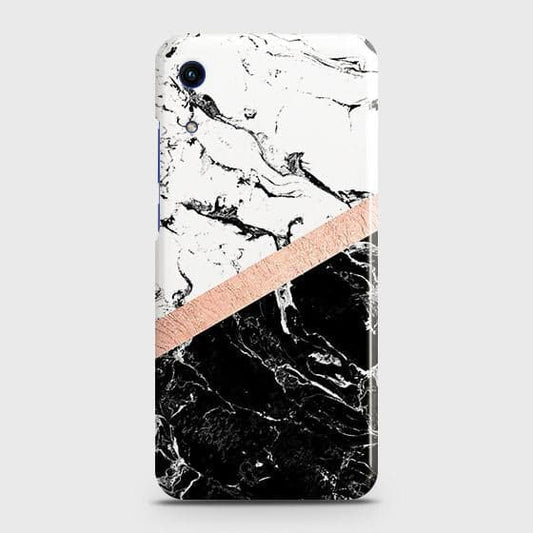 Honor 8A Without Sensor Cut Cover - Black & White Marble With Chic RoseGold Strip Case with Life Time Colors Guarantee