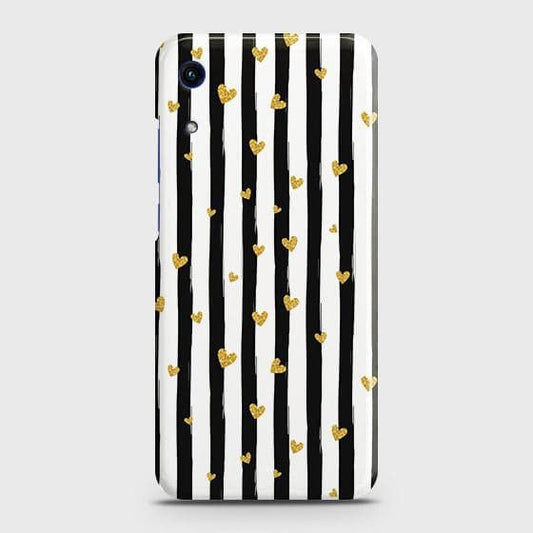 Honor 8A Without Sensor Cut Cover - Trendy Black & White Lining With Golden Hearts Printed Hard Case with Life Time Colors Guarantee