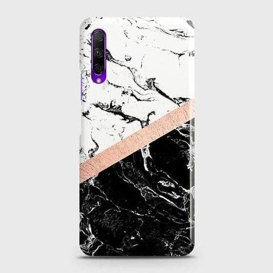 Honor 9X Cover - Black & White Marble With Chic RoseGold Strip Case with Life Time Colors Guarantee