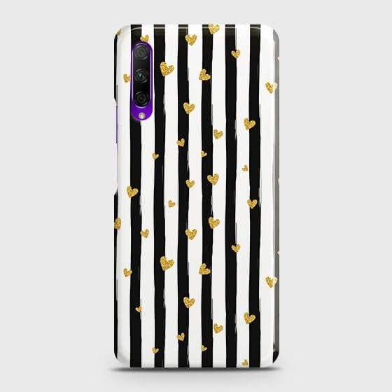 Honor 9X Cover - Trendy Black & White Lining With Golden Hearts Printed Hard Case with Life Time Colors Guarantee