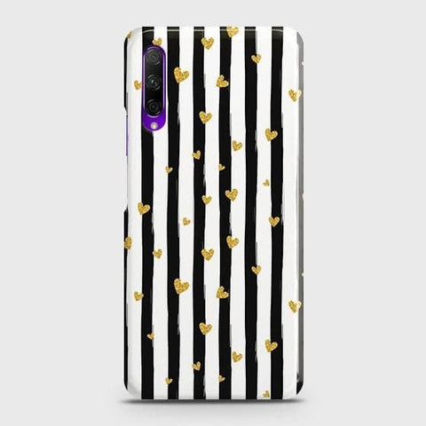 Honor 9X Cover - Trendy Black & White Lining With Golden Hearts Printed Hard Case with Life Time Colors Guarantee