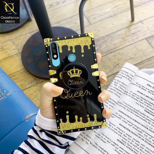 Infinix Hot 8 Lite Cover - Black - Golden Electroplated Luxury Square Soft TPU Protective Case with Holder