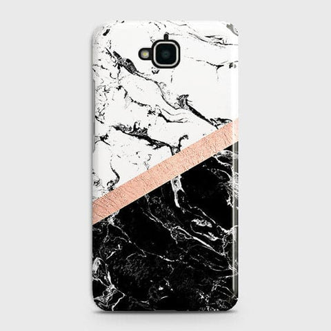 Huawei Y6 Pro 2015 Cover - Black & White Marble With Chic RoseGold Strip Case with Life Time Colors Guarantee
