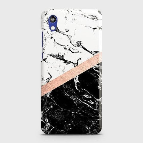 Huawei Honor 8S Cover - Black & White Marble With Chic RoseGold Strip Case with Life Time Colors Guarantee