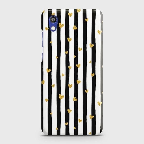 Huawei Honor 8S Cover - Trendy Black & White Lining With Golden Hearts Printed Hard Case with Life Time Colors Guarantee